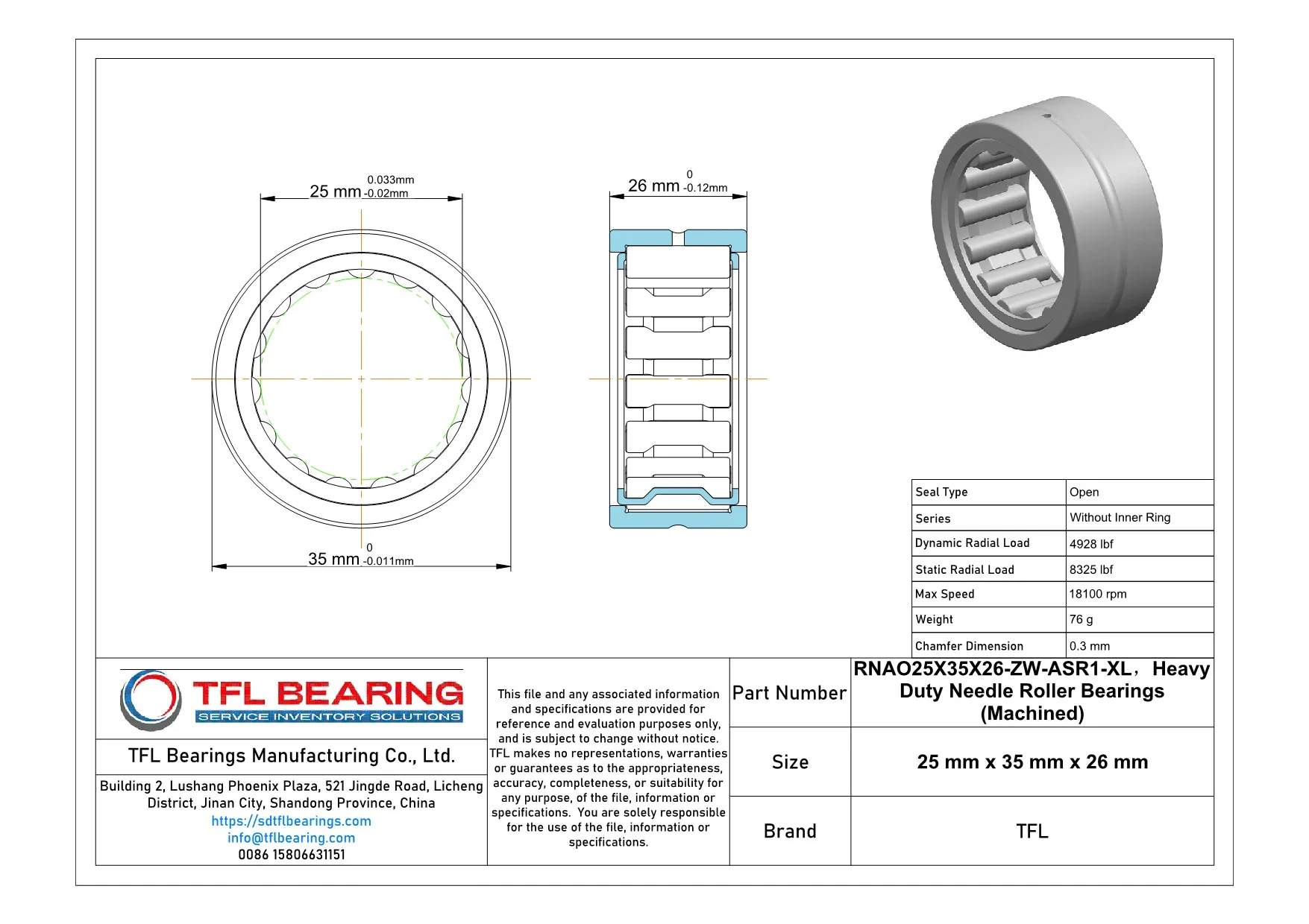 Heavy Duty Needle Roller Bearings (Machined) RNAO25X35X26-ZW-ASR1-XL Drawing.dwg