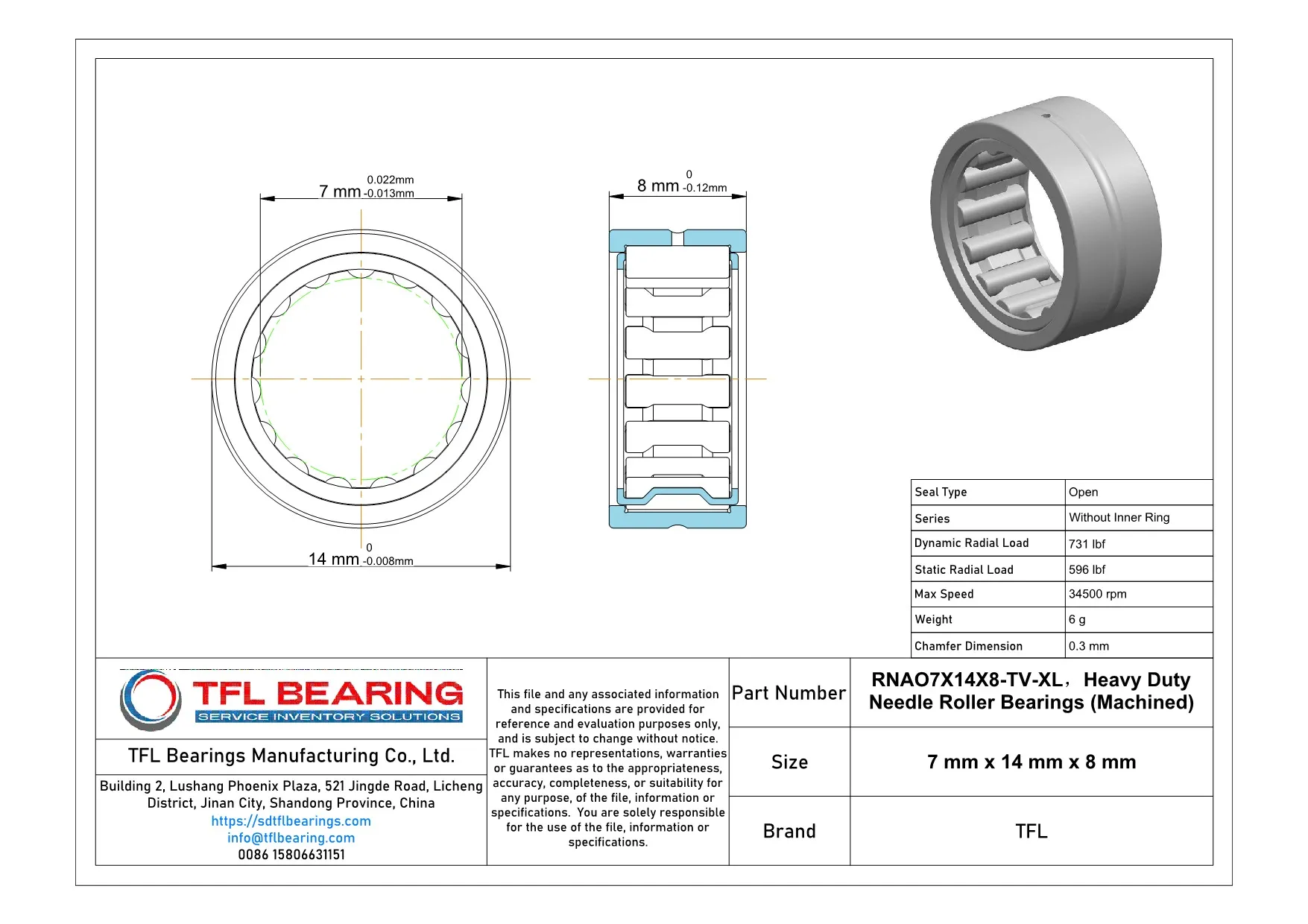 Heavy Duty Needle Roller Bearings (Machined) RNAO7X14X8-TV-XL Drawing.dwg