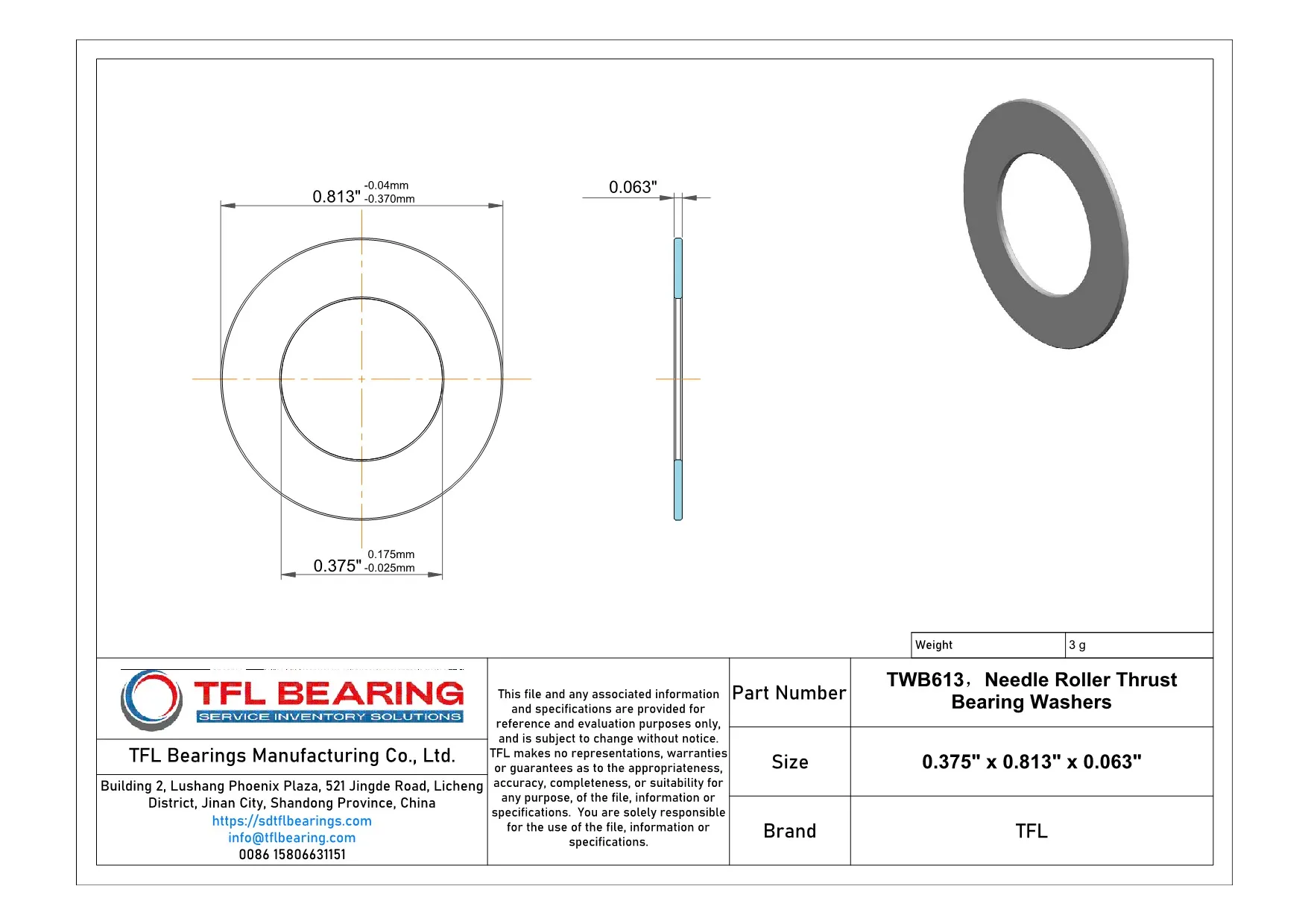 Needle Roller Thrust Bearing Washers TWB613 Drawing.dwg