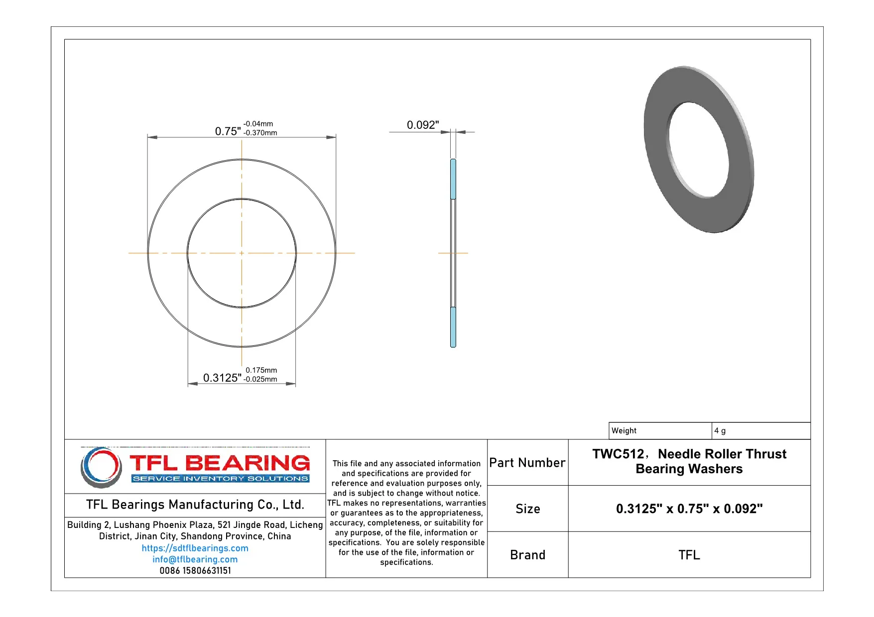 Needle Roller Thrust Bearing Washers TWC512 Drawing.dwg