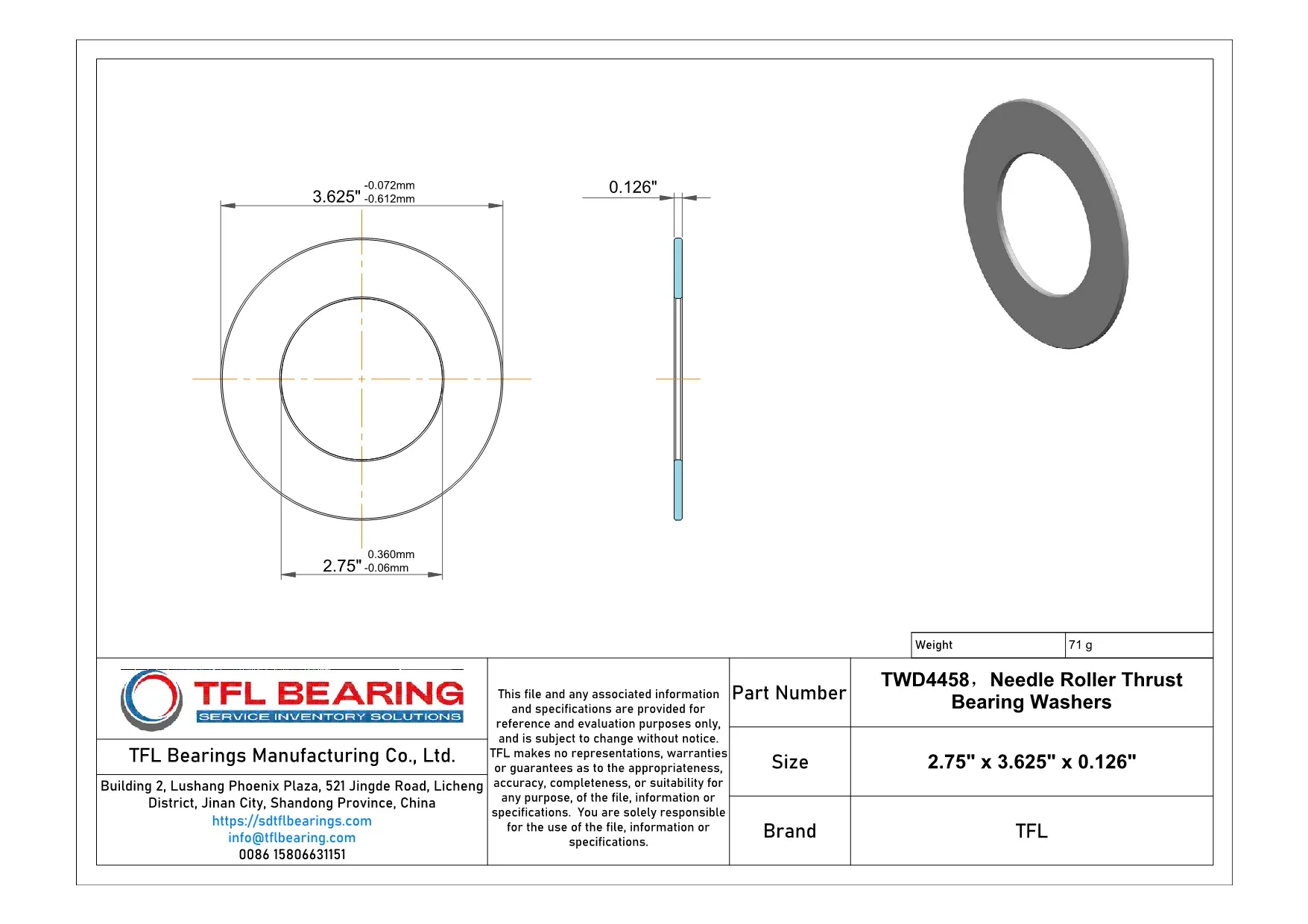 Needle Roller Thrust Bearing Washers TWD4458 Drawing.dwg